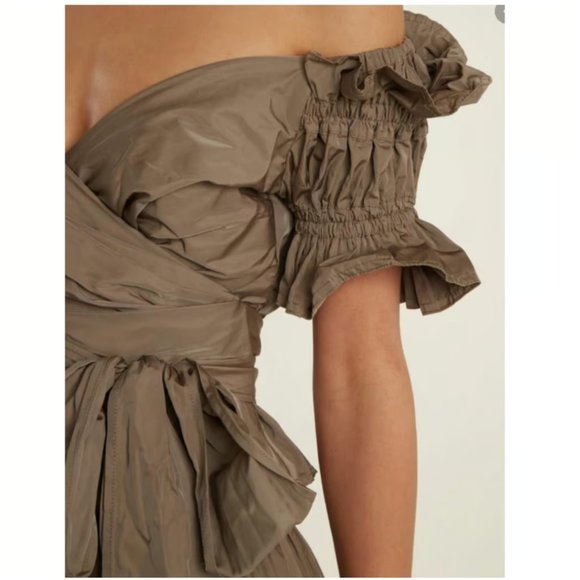 JONATHAN SIMKHAI  Taffeta Ruffle Wrap Tie Off Shoulder Cap Sleeves Crop Top - Picture 4 of 7